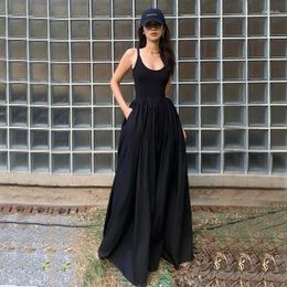 Casual Dresses Zoki Hepburn Style High Waist Sleeveless Midi Dress Women Summer Slim A Line Camis Gothic Black Pleated Party Night