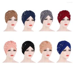 Ethnic Clothing 2023 Women Ruffle Hijabs Beads Pearls Turban Caps Islamic Twist Bonnet Stretchy Beading Headscarf Warp African Hat