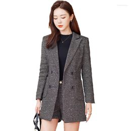 Women's Tracksuits 2023 Autumn Suit Elegant Double Breasted Slim Solid Casual Blazer Jackets And Shorts Set Korean Femme 2 Piece Sets Women