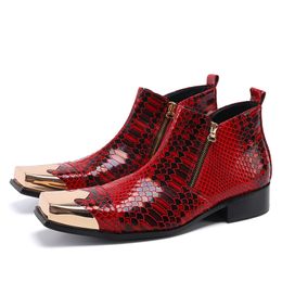 Genuine Winter British leather Ankle For Men Red Snake Skin Square Toe Metal Military Boots Motorcycle Dress Party Man