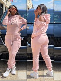 Women's Two Piece Pants Cold Shoulder 2 Sets Womens Outfits Autumn Clothing Set Solid Hoodies Sweatshirt Top And Suit Fleece Tracksuits