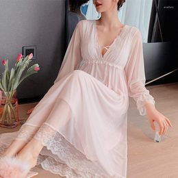 Women's Sleepwear Summer Gown Long Sleeve Nightgown Female Lace Princess Style Nightdress Sleepshirt Mesh Loungewear Loose Home Dress