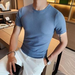 Men's T Shirts Summer Korean Fit Solid Round Neck Short Sleeve T-shirt Fashion Waffle Pattern Tight Elastic Underlay Man Top Clothes