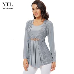 Women's Blouses Shirts YTL Ladies Golden Diamond Waist Decoration Slim Tunic Tops Casual Party Long Sleeve Women Elegant Lace Floral Blouse Shirt H025G 230705