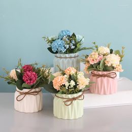 Decorative Flowers Fake Hydrangeas W Ceramic Pot Mini Hydrangea Artificial Plant In Vase For Office Desktop Decorations