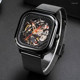 Wristwatches RONMAR Square 3D Hollowed Out Flywheel Wrist Watch Men's Mechanical 50M Water Resistance Men Luminous Watches Reloj 8635