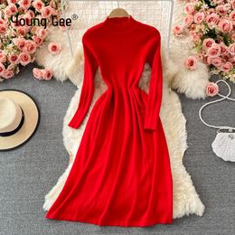 Casual Dresses Young Gee O-neck Black Elegant Knitted Sweater Dress Women Autumn Solid Red Slim Basic A-line Knitwear Vestidos