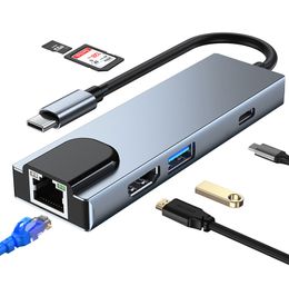 6 in 1 USB C Hub Type-C ~ HDMI 4K 4K RJ45 100M SD/TF PD 충전 알루미늄 합금 USB 유형 C 어댑터