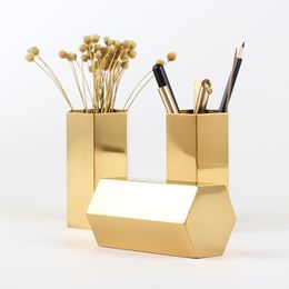 Pencil Cases Hexagonal Pen Holder Stainless Steel Metal Desktop Ornament Nordic Stationery Insert Golden Vase Makeup Brush Storage Box 230705