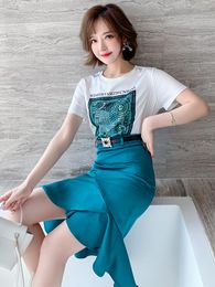 Work Dresses Top Quality Round Neck Ironing Diamond Printing T Compassionate Fishtail Solid Skirt Suit For Summer