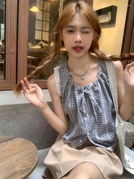 Women's Blouses Summer Korean Chic Blouse Women Plaid Sleeveless Shirt V-Neck Lace Up Loose Vest Sweet Girl Fresh Top Female Clothing