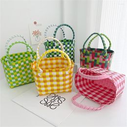 Shopping Bags PVC Beach Handmade Woven Women's Handbag Colorful Plaid Vegetable Fruit Basket Grocery Storage Summer Square Shopper Bolsas