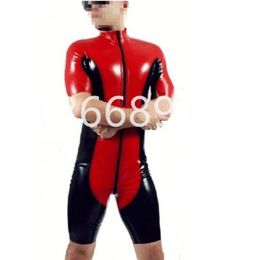 Ecopelle in PVC rosso con collant catsuit in lattice nero Tuta da bagno Zentai in gomma doppia cerniera frontale con cerniera sul cavallo287Q