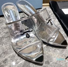 Designer Women Sandals Chunky High Heel 7.5cm Silver Metallic Leather Insole Slippers 35-42 With Box