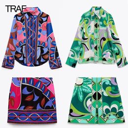 Women's Blouses Shirts TRAF Floral Skirt and Blouse Set Women's Short Set Fashion Woman 2 pieces Female Long sleeve Beautiful Green Shirt Mini Skirts 230705