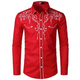 Men's Casual Shirts Autumn Fashion Embroidered Shirt American Western Style Slim Fit Thin Turn-down Collar Long Sleeve