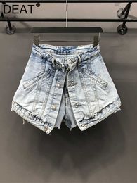 Women's Shorts DEAT Solid Women's Fake Two Pieces Of High Waist A-line Thin Denim Shorts Street Style Mall Goth Summer GX471 230705
