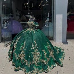 Green Shiny Princess Quinceanera Dresses 2024 Gold Appliques Lace Sweetheart Vestidos De 15 Anos Princess Ball Gown Sweet 16 Dress