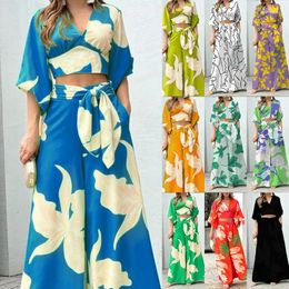 Women's Two Piece Pants Elegant Print Short Shirt Trousers Two-piece Set 2023 Summer Sexy Open-waisted Top Wide Leg S-XXXL