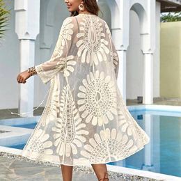 Women's Swimwear Fashion Women Transparent Cover Ups Flower Embroidery Lace Up Solid Colour Long Cardigan Summer Sun Protection Beachwear