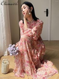 Casual Dresses 2023 Spring And Summer Fashion Long Sleeve Floral Vacation Style Dress High Waist Slimming Temperament Pleated