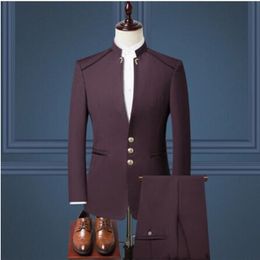 Men's Suits Blazers Burgundy Chinese Style Stand Collar Slim Fit Male Zhong Shan Blazer Vest Pants Groom Tuxedos Costume Homme Business 3PCS 230705
