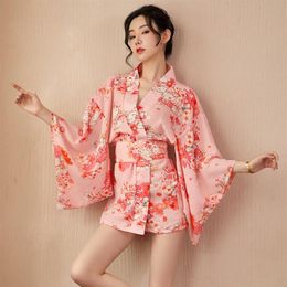 Ethnic Clothing Women Kimono Japanese Cherry Blossom Print Chiffon Waist Pink Loose Comfortable Girl Bathrobe Home Pyjamas Kawaii 237s