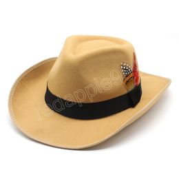 New Men Western Cowboy Hat For Womem Vintage Roll up Brim Cowgirl Jazz Cap With Feather Band Sombrero Hombre
