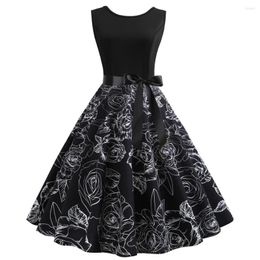 Casual Dresses Black Print Elegant Party Summer Women 50s 60s Retro Vintage Robe Rockabilly Dress Beach Midi Vestidos