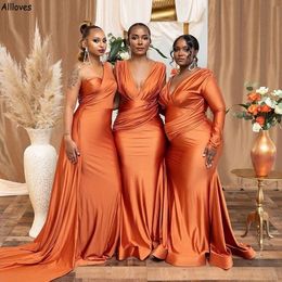 Oranage Elegant African Girls Mermaid Bridesmaid Dresses Long V Neck Pleated Plus Size Maid Of Honor Gowns Sweep Train Second Reception Wedding Guest Dress CL2539