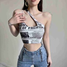 DIY Tanks Camis Spring Summer Women Newspaper Print Vintage Aesthetic Sexy Cut Out One Shoulder Y2K Crop Top Femme Asymmetrical Tank Tee Clothes J230706