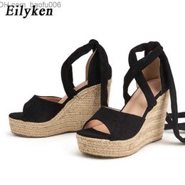 Sapato social Eilyken verão liso feminino plataforma azul sandália cunha salto alto feminino tiras no tornozelo aberto cadarço Z230707