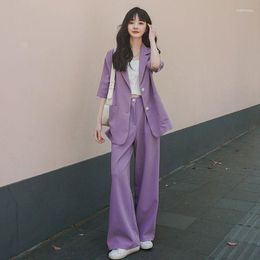 Women's Two Piece Pants Lnsozkdg Sets Womens Outifits Women Blazer Suit Short Sleeve Jacket Female Business Purple Trousers Pantsuit