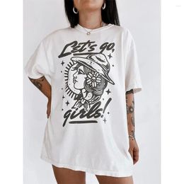 Damen T-Shirts Lets Go Girls Country-Musik Grafikdruck Weiß Kurzarm Übergroße dicke Baumwolloberteile Vintage-Stil 80er-90er-Jahre-T-Shirts