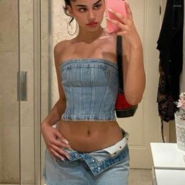 Women's Tanks Combhasaki Women Sweet Y2K American Retro Denim Tube Tops Side Zipper Backless Off-Shoulder Crop Top Summer Strapless Bandeau