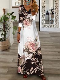 Casual Dresses Vintage Floral Long Dress Women Autumn Sexy V-neck 3/4 Sleeves Button Print Maxi 2023 Woman 5XL Vestidos
