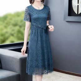 Party Dresses Summer Hollow Out Lace Patchwork Midi Dress Round Neck Short Sleeve Solid Color Ladies Elegant Fashion Women Clothes