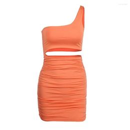 Casual Dresses Orange One Shoulder Waist Hollow Out Sleeveless Summer WOmen Club Party Tight Fashion Vestidos