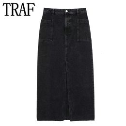 Skirts TRAF Black Denim Skirt Women Jean Long Skirts for Women Fashion Summer High Waist Midi Skirt Woman Streetwear Slit Skirt 230705