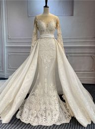 Meerjungfrau Illusion Langarm Blumenhochzeitskleider mit abnehmbarem Zug Spitze Applikat Rückenfreies Prinzessin Royal Brautkleid