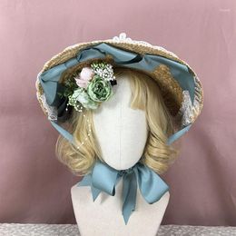 Wide Brim Hats Lolita Girls Flat Straw Fedora Hat Big Flower Ribbon Bonnets Cap Summer Spring Wedding Travel Po Shoot Sun Fascinator