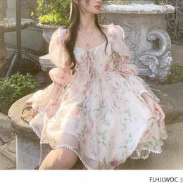 Casual Dresses French Design Romantic Date Floral Dress Flare Sleeve Cute Sweet Japan Mori Girls Retro Vintage Ruffles Lace Princess