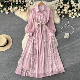 Casual Dresses Summer Fashion Mesh Embroidered Patchwork Chiffon Midi Dress Women's Turn Down Collar Long Sleeve Ladies Party With Belt