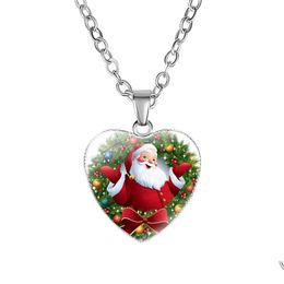 Pendant Necklaces Merry Christmas Heart Shape Necklace For Women Men Reindeer Tree Santa Claus Bell Snowman Chains Fashion Festival Dh68N