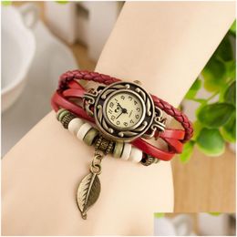 Charm Bracelets Fashion Women S Bracelet Watches Braided Leather Mti Layer Bronze Leaf Wrist For Ladies Round Case Quartz Drop Deliv Dhjtv