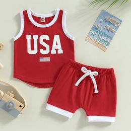 Jerseys 20230308 Lioraitiin 03years Toddler Boy 2Pcs Summer Outfit Sets Sleeveless O Neck USA Letter Print Vest Red Drawstring Shorts 230705