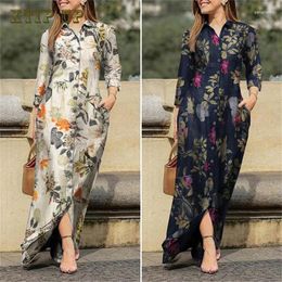 Ethnic Clothing Muslim Women's Holiday Bohemian Casual Polo Long Sleeve Robe Flower Printed Cotton Dress Button Shirt Islamic Turkish Abaya