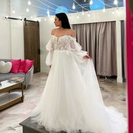 Sexy Puffy Sleeve A Line Wedding Dresses For Women Off The Shoulder Lace Appliques Bead Bridal Gown Multilayered Boho Mariee 326 326