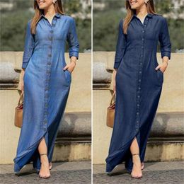 Casual Dresses Women Spring Autumn Denim Dress Fashion Shirt Collar Single Breasted Long Sleeve Straight OL Temperament Wear