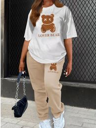 Women's Plus Size Pants LW Two Piece Lover Bear Skull Head Letter Print Set Pullover Short Sleeve Tee Sporty Trousers 2PC Activewears 230705